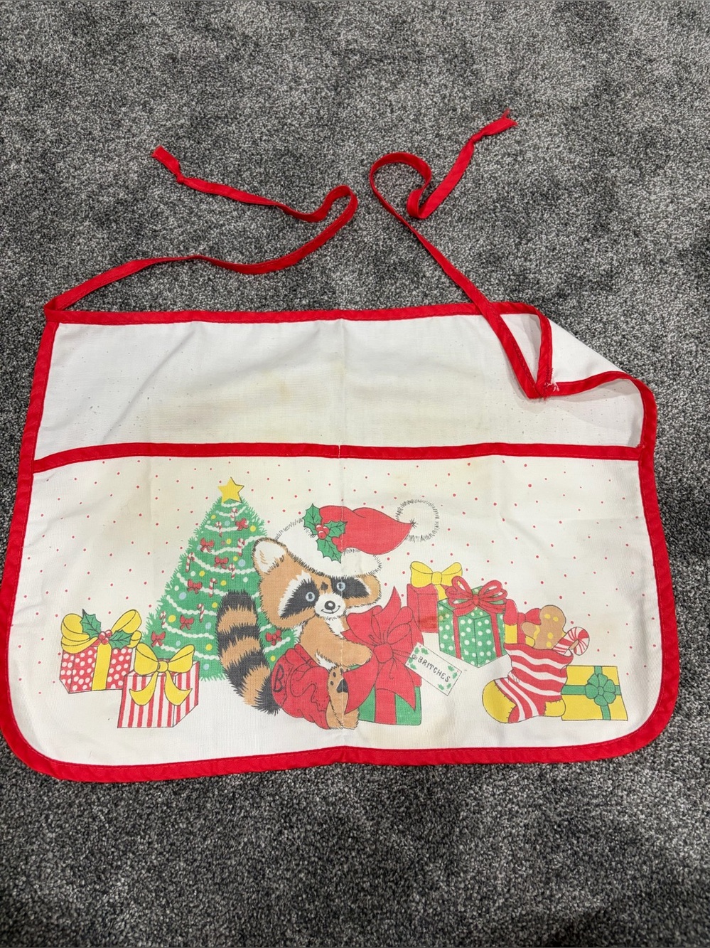 Vintage Christmas Raccoon Apron - Red Trim with graphic and pockets-tie waist